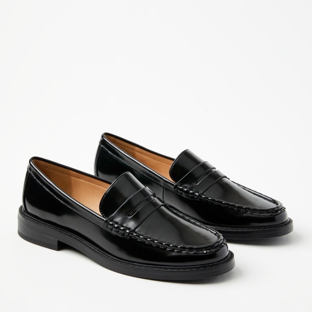 LOFT Penny Loafers 7.5 Black Faux Leather Classic Polished Slip On Minimalist